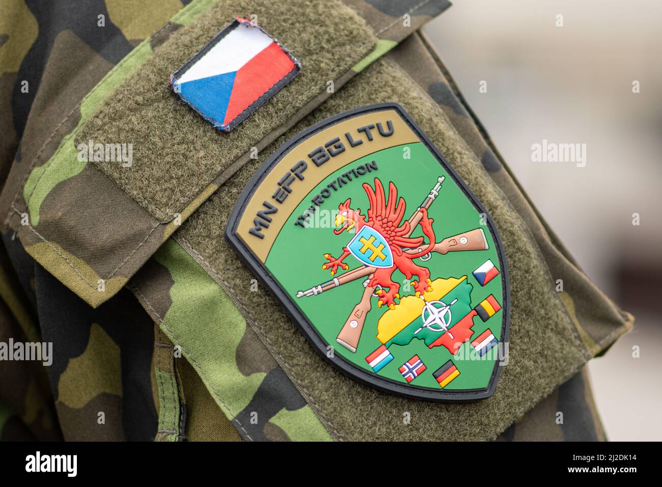 Army of the Czech Republic and coat of arms on a soldier uniform, NATO force integration unit in Lithuania, close up Stock Photo