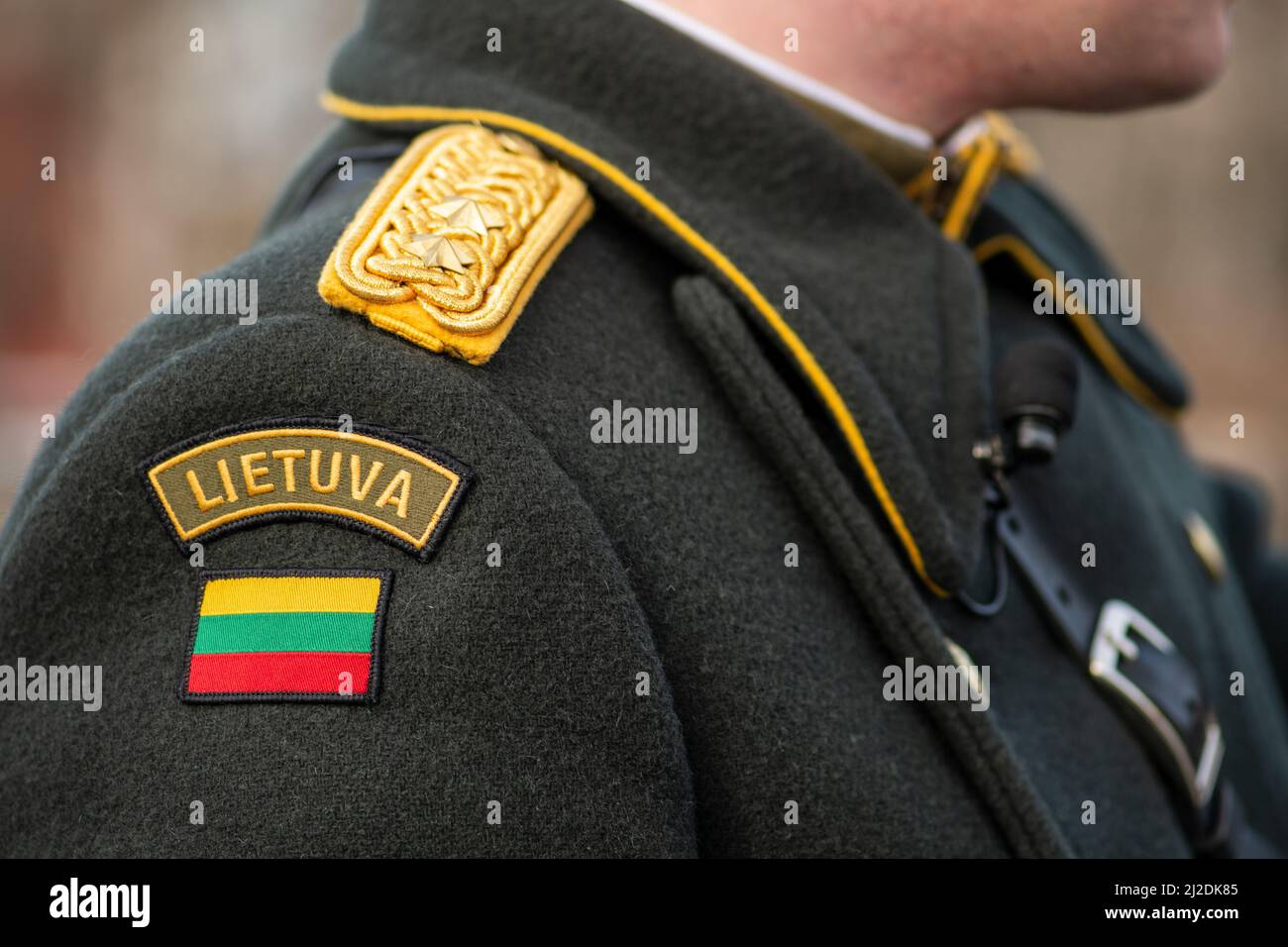 Flag of Lithuania, Lithuanian Armed Forces on a soldier elegant uniform, NATO force integration unit, close up Stock Photo