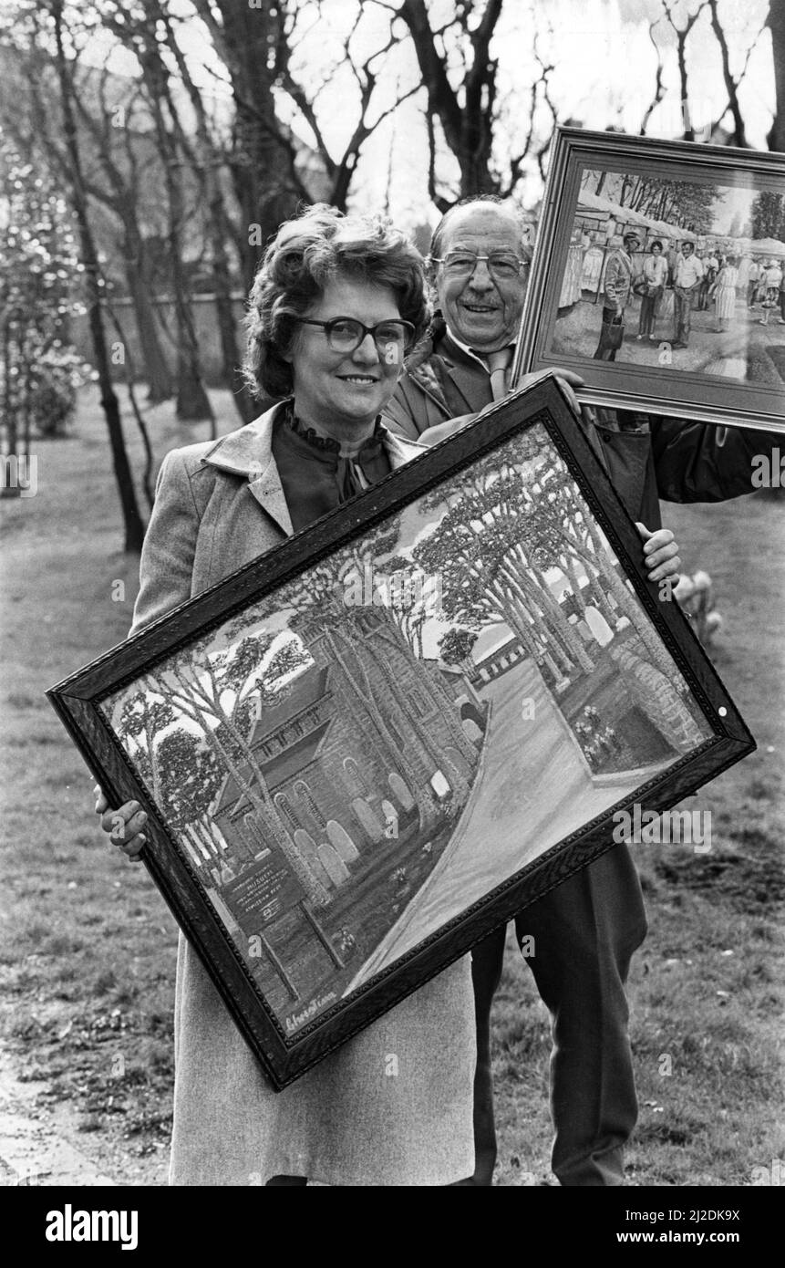 Christina Johnson with Jack Harrison and their competition paintings. Pitman artist Jack Harrison, the former deputy at Ashlington Colliery won second prize and Christina Johnson won first prize in the annual Coal Industry Social Welfare Organisation's art competition. April 1986. Stock Photo