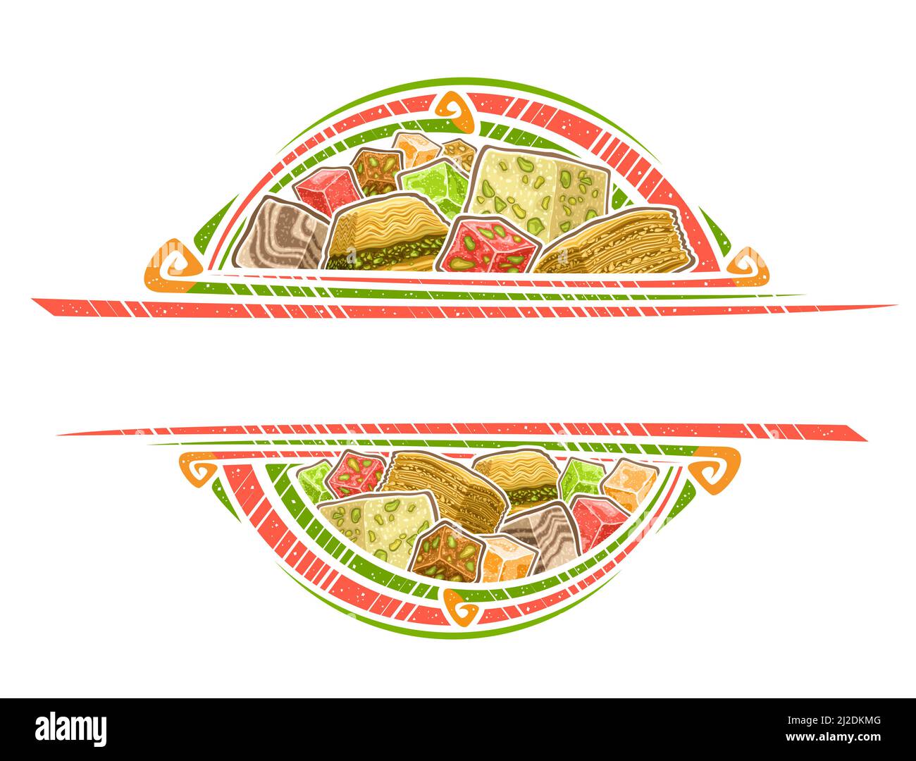 Vector border for Oriental Sweets with copy space for advertising text, decorative sign board with illustration of pile traditional turkish baklava, h Stock Vector