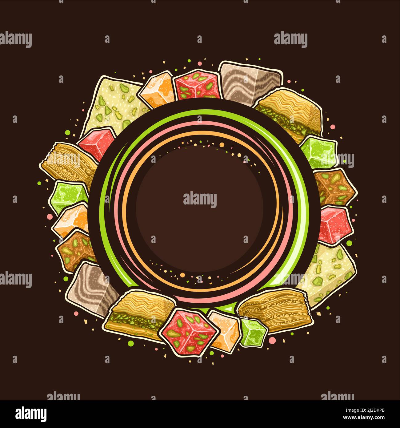 Vector Frame for Arabian Sweets with copyspace for text, decorative sign board with illustration of traditional greek baklava, homemade rahat lokum sl Stock Vector