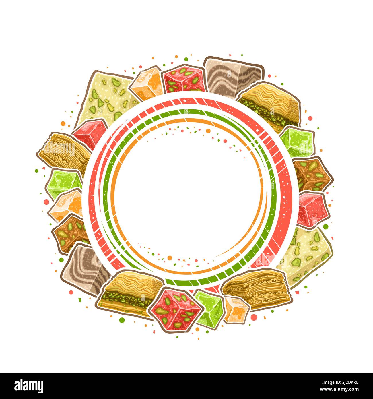 Vector Frame for Arabian Sweets with copy space for text, decorative signboard with illustration of traditional turkish baklava, homemade rahat lokum Stock Vector