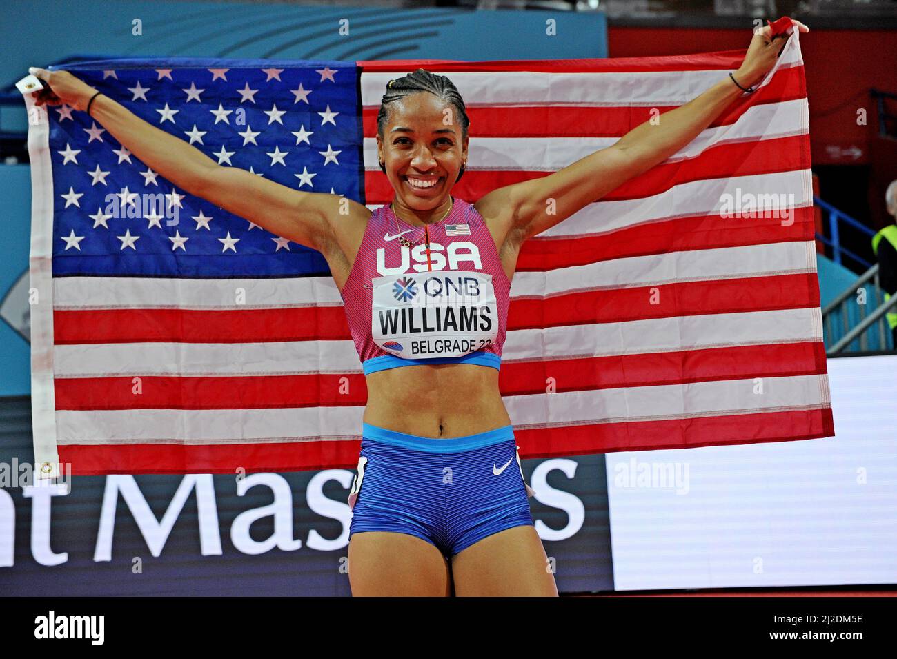 Kendell Williams (USA) poses with United States flag after finishing third in the pentathlon during the World Athletics Indoor Championships, Friday, Stock Photo