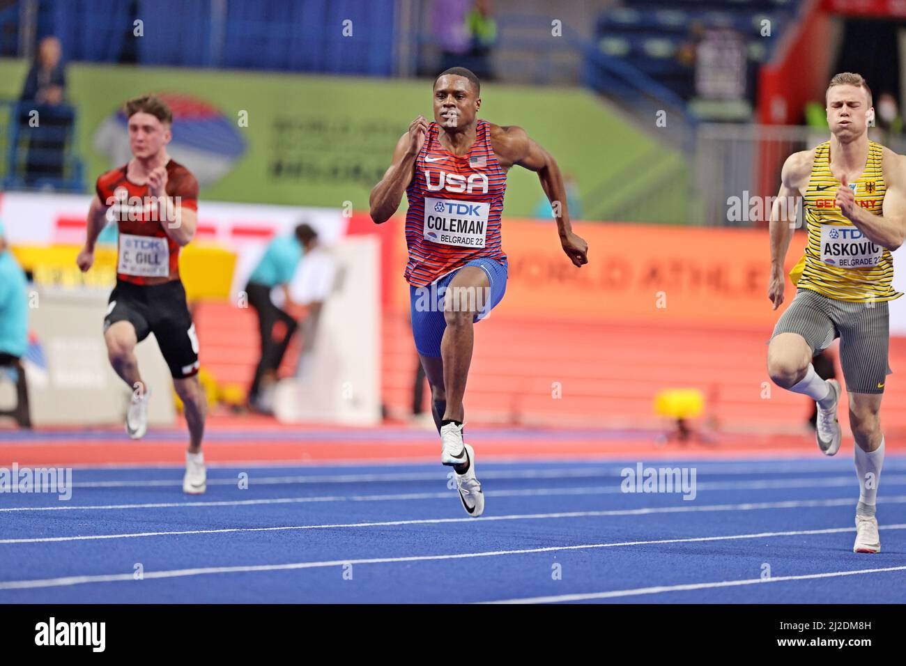 Christian Coleman (USA) places second in the 60m in 6.41 during the World Athletics Indoor Championships, Saturday, Mar. 19, 2022, in Belgrade, Serbia Stock Photo