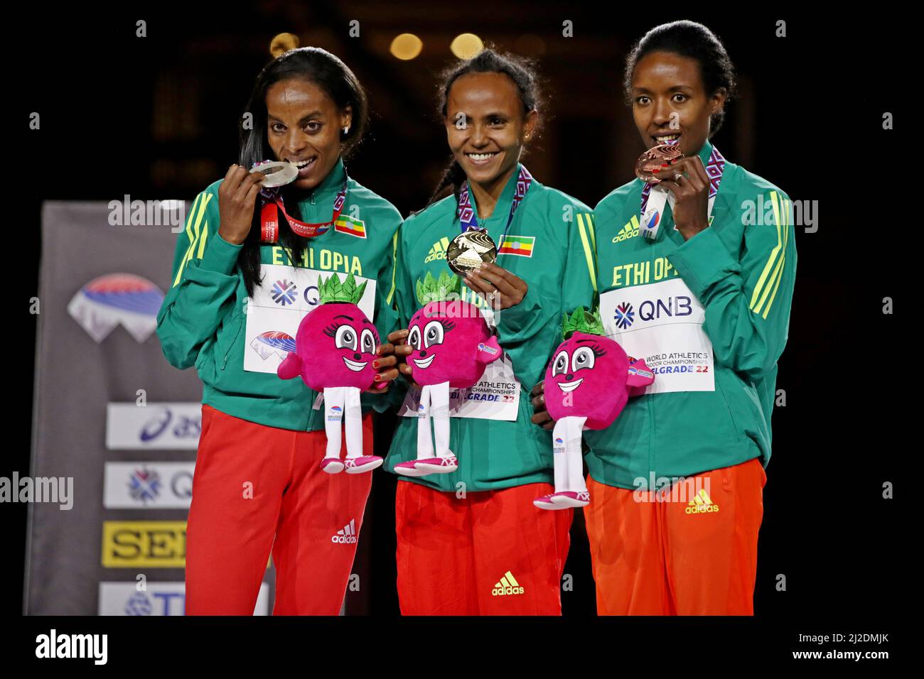 Women's 1,500m gold medalist Gudaf Tsegay (ETH), center, poses with silver medalist Axumawit Embaye (ETH) and bronze medalist Hirut Meshesha (ETH) dur Stock Photo