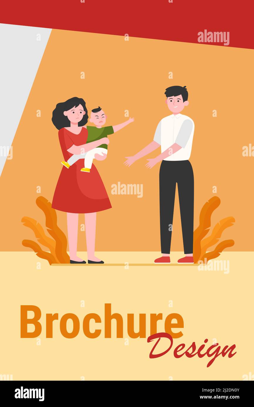 Parents soothing little child. Sad mom giving crying son to smiling dad ...