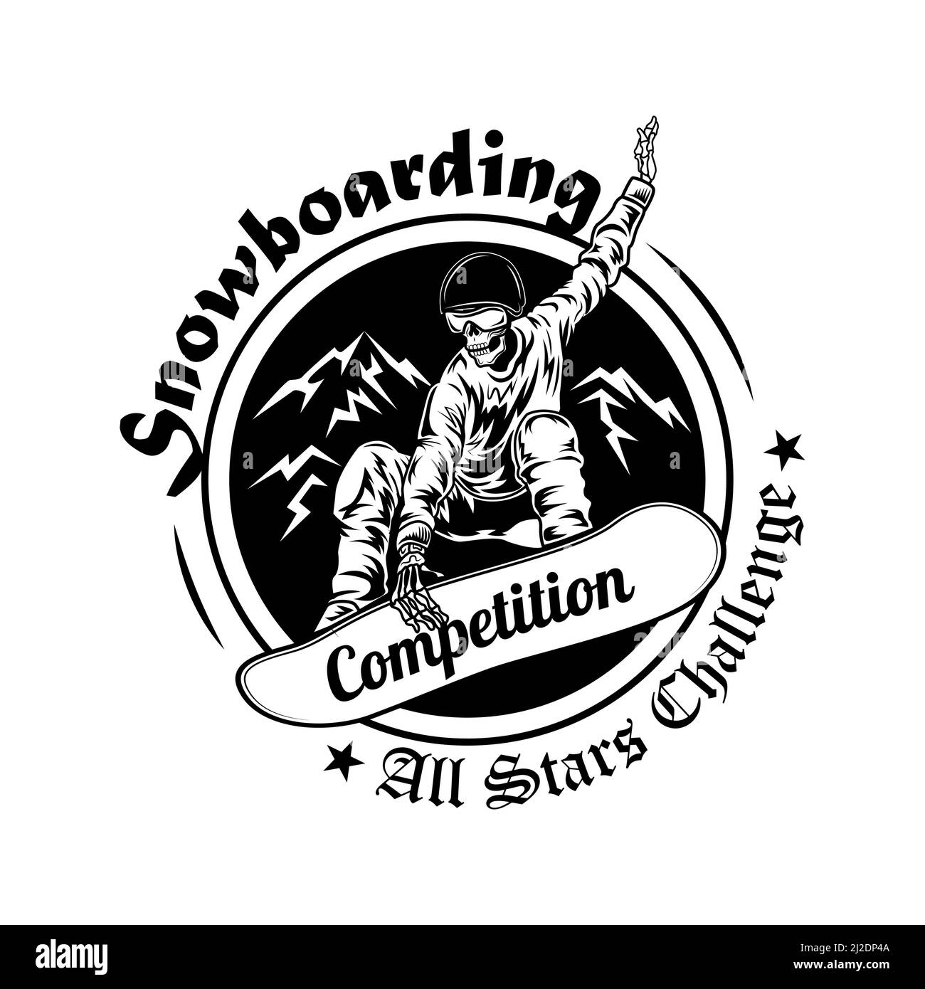 Snowboarding competition symbol vector illustration. Skeleton in helmet