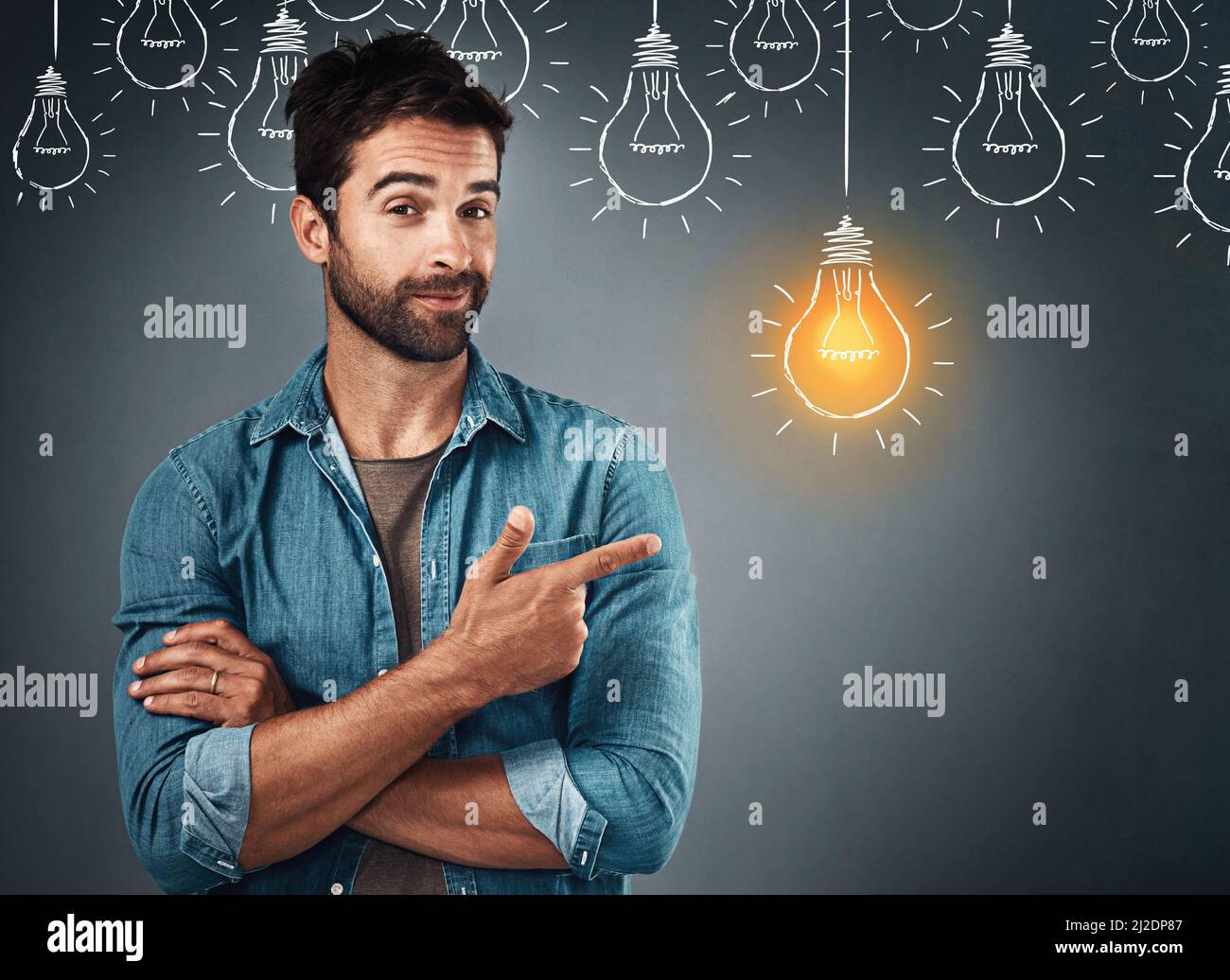 An idea is the seed of creation. Studio portrait of a handsome young man pointing towards an illustration of a lit light bulb against a grey Stock Photo