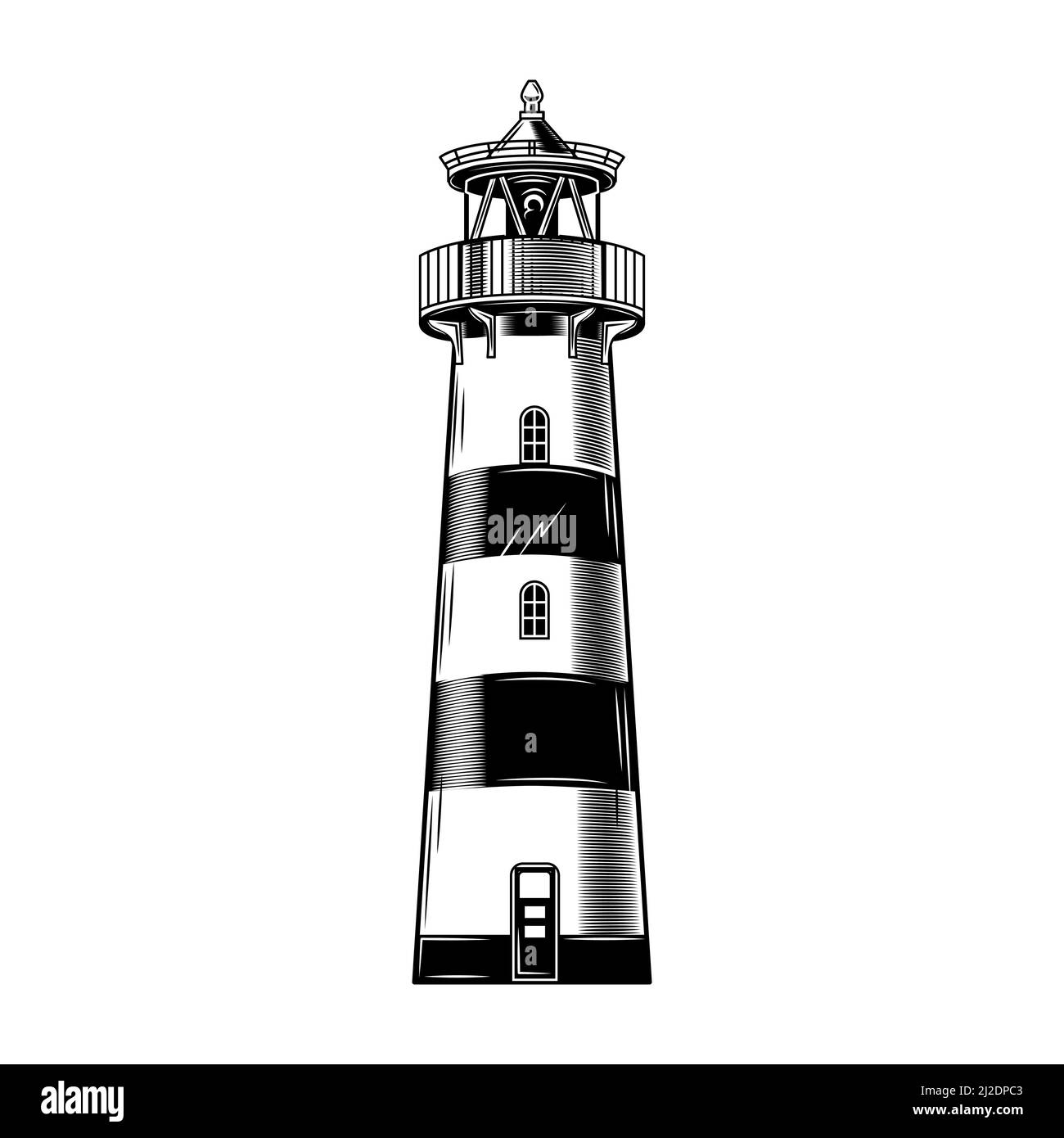 Vintage lighthouse building vector illustration. Monochrome classical beacon. Nautical world or maritime navigation concept for labels or emblems temp Stock Vector