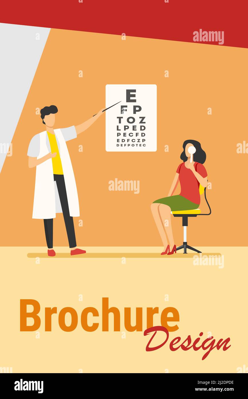 Woman examining eyes with help of ophthalmologist. Oculist, letter, hospital flat vector illustration. Medicine and healthcare concept for banner, web Stock Vector