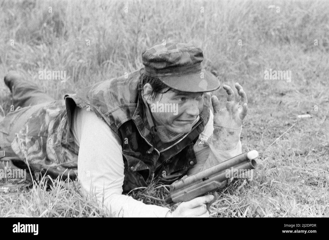 Meat Loaf takes part in a survival game in Common Wood, near Hatfield. 13th September 1986. Stock Photo