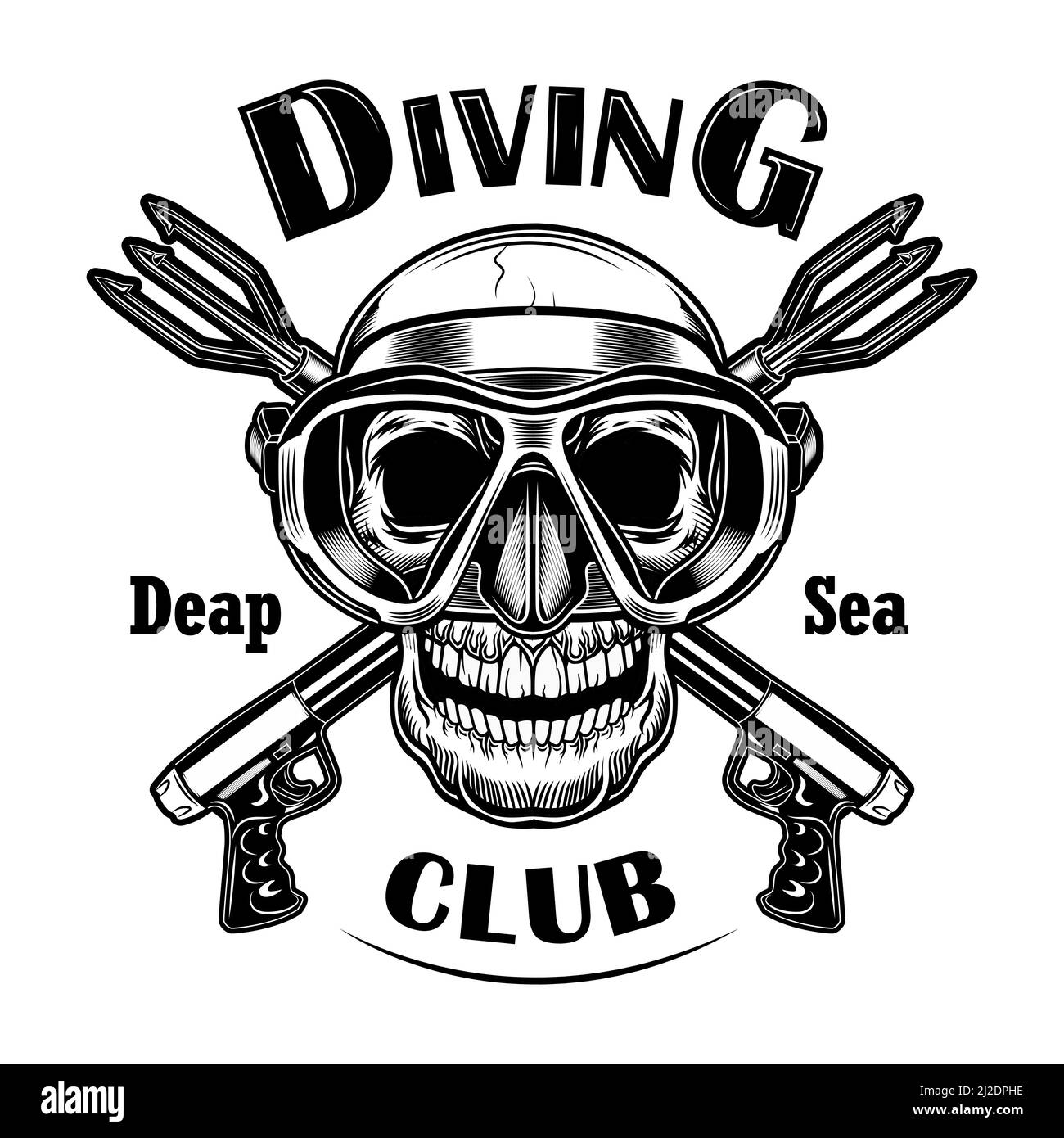 Underwater hunter vector illustration. Skull in mask with crossed stun guns, deep sea text. Seaside activity concept for diving club emblems or labels Stock Vector