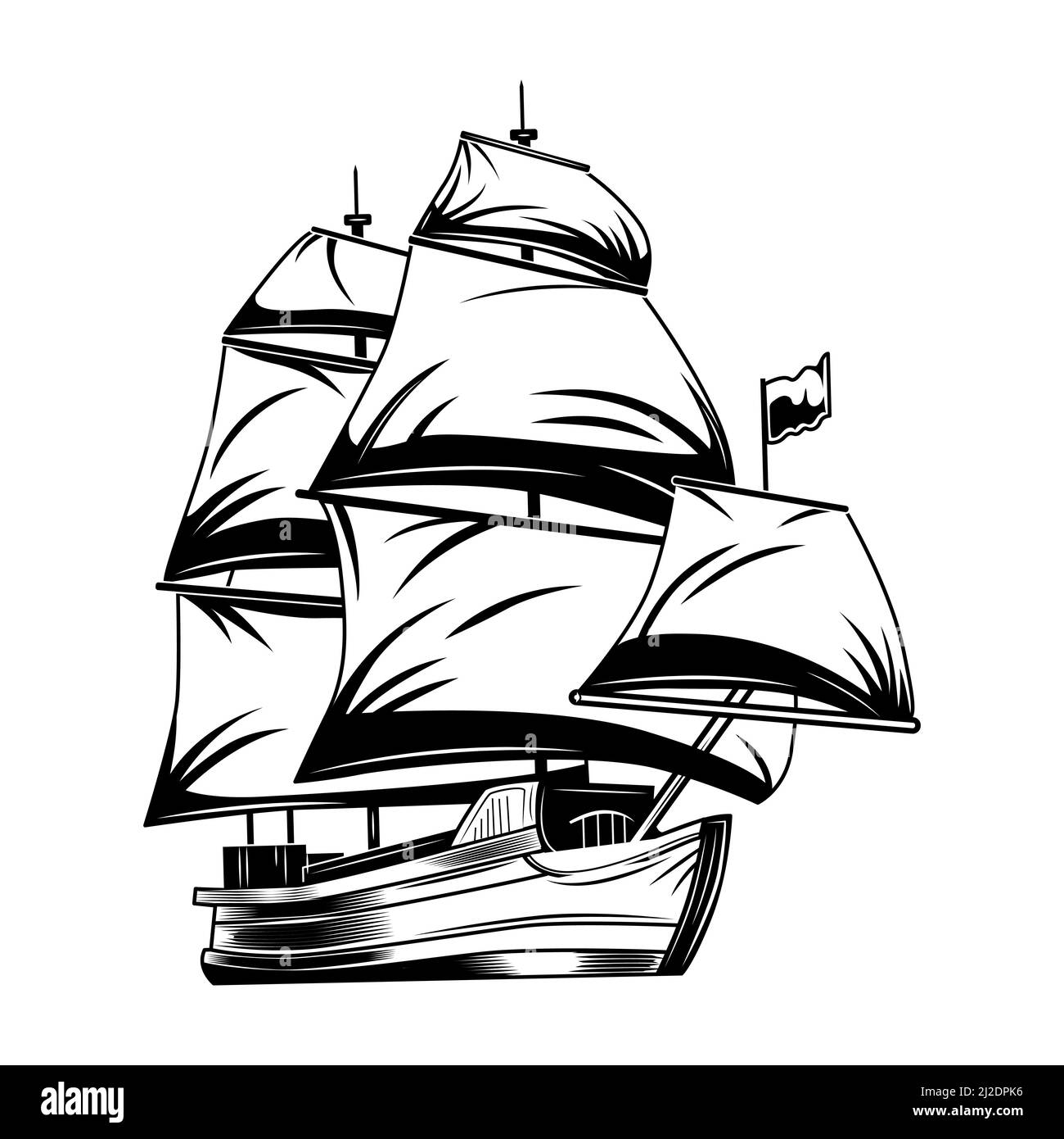 Vintage sailing ship vector illustration. Monochrome classical sailboat. Nautical world or maritime navigation concept for labels or emblems templates Stock Vector