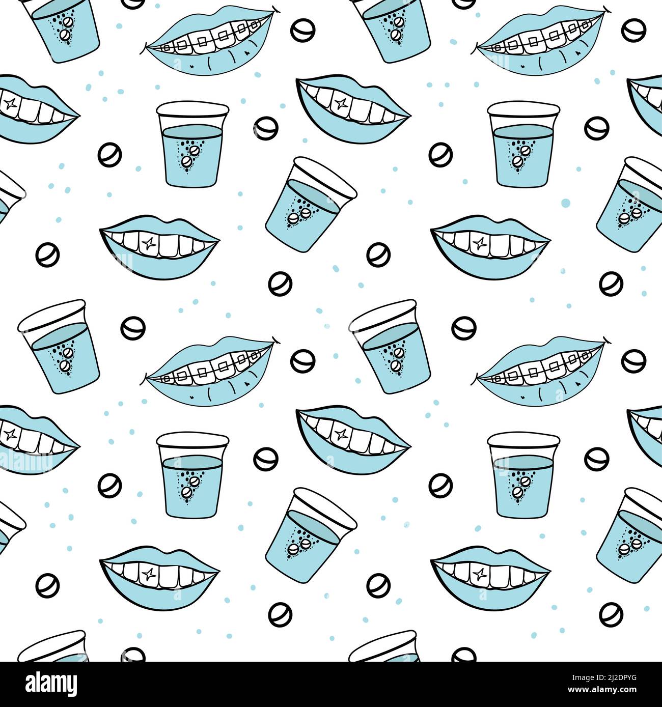 Seamless lip pattern. Fancy open mouth with teeth, lips in a smile, teeth with braces. Mouthwash tablets. Positive emotion. Vector illustration for an Stock Vector