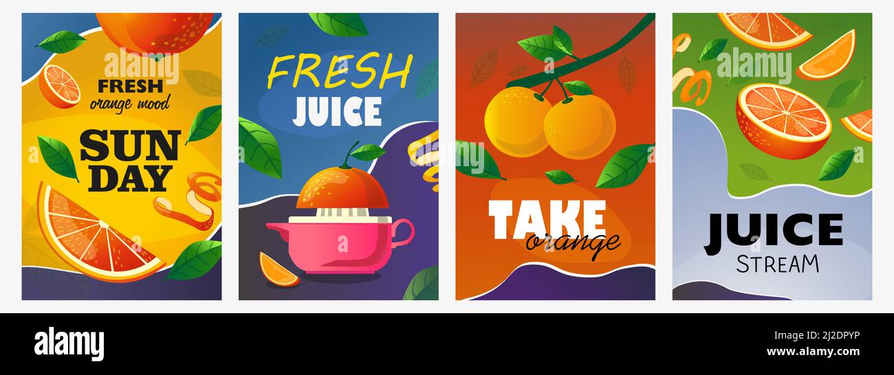 Citrus posters set. Whole and cut fruits, orange tree branch vector illustrations with text. Food and drink concept for fresh bar flyers and brochures Stock Vector