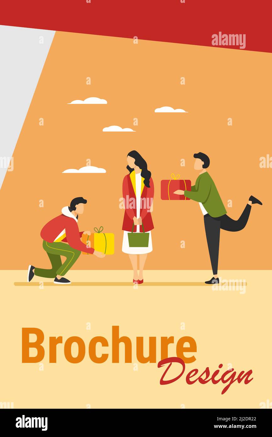 Young woman getting gifts from adorers. Presents, admirers, rivals in love flat vector illustration. Giving gifts, dating, relationship concept for ba Stock Vector