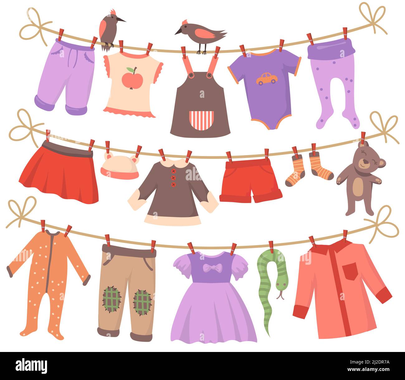Drying baby clothes set. Clean small bodies, dresses, pants, shorts, socks, pajamas, toys hanging on ropes with birds. Vector illustrations collection Stock Vector