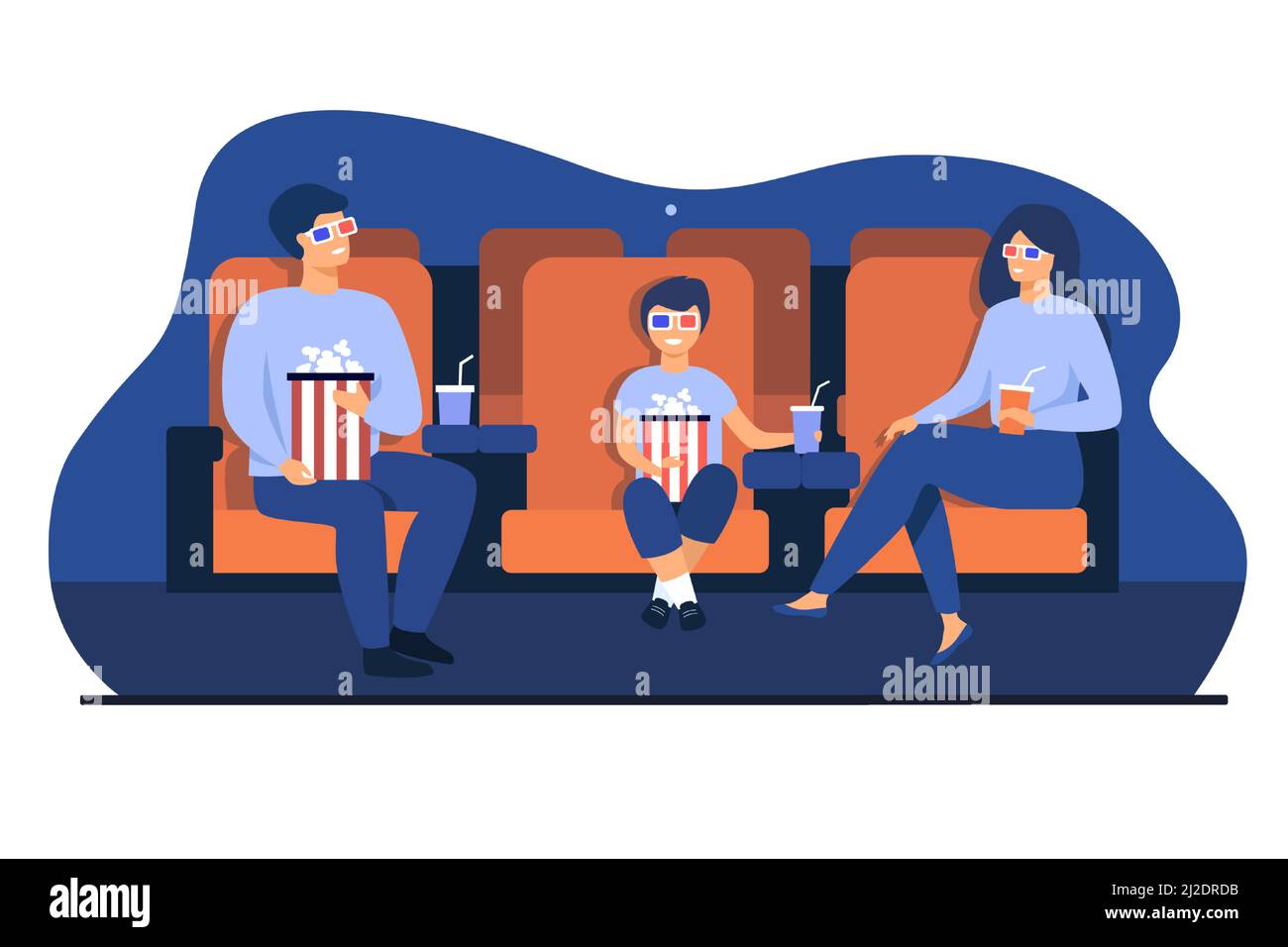 Father, mother and son in 3d glasses sitting in chairs, holding popcorn buckets and soda and watching funny movie in cinema theatre. Vector illustrati Stock Vector