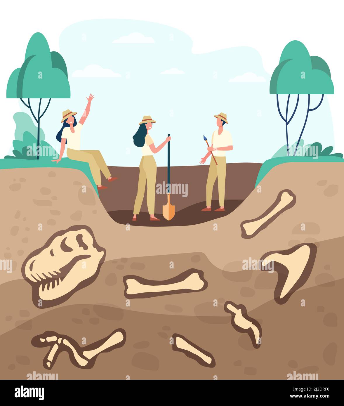 Group of archeologists discovering fossils, digging ground with dinosaur bones. Vector