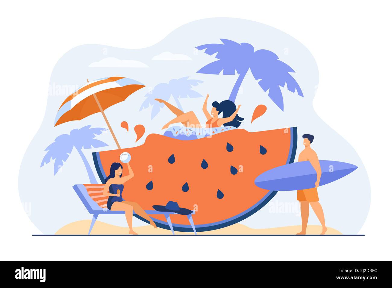 Group of friends enjoying summer activities, having fun at beach or pool party, drinking cocktail, floating with rubber ring on huge watermelon slice. Stock Vector