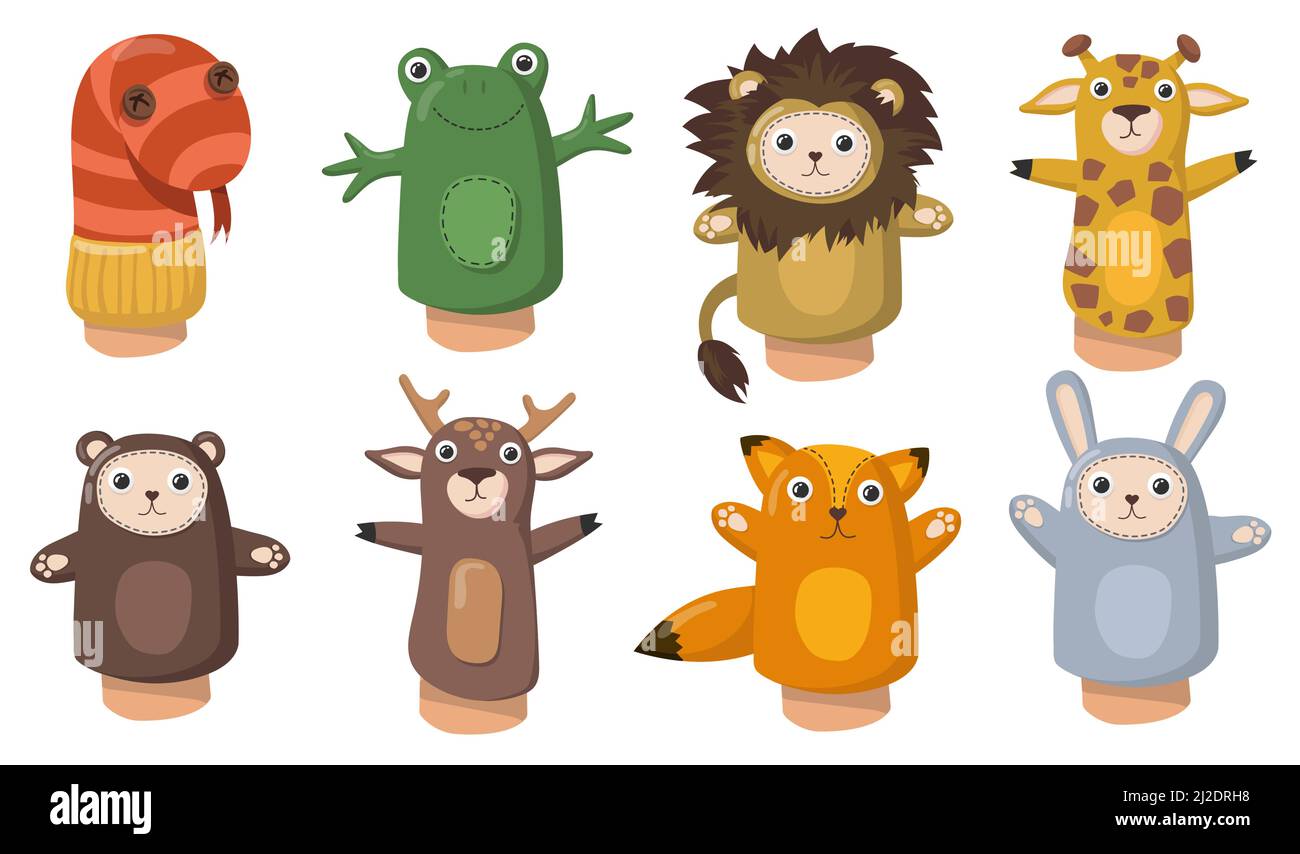 Funny animal hand puppets flat set for web design. Cartoon toys from socks for kids isolated vector illustration collection. Show and home theatre con Stock Vector