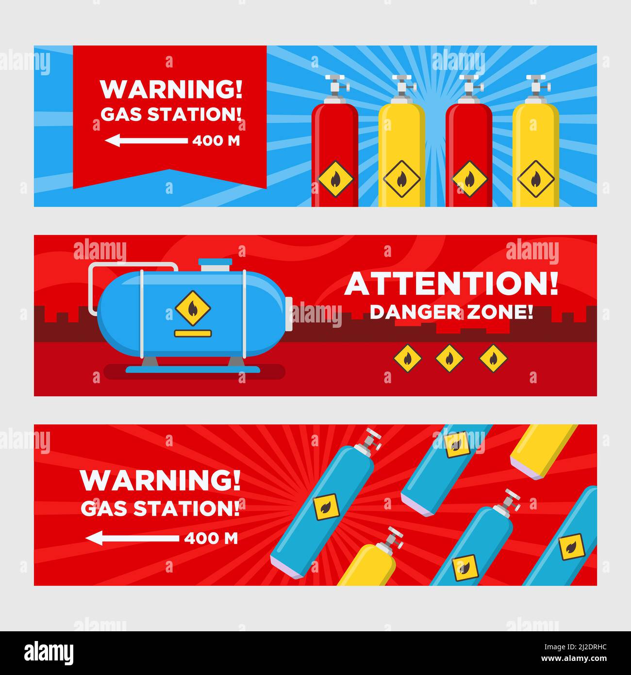 Gas station warning banners set. Tanks and cylinders, destination arrow vector illustrations