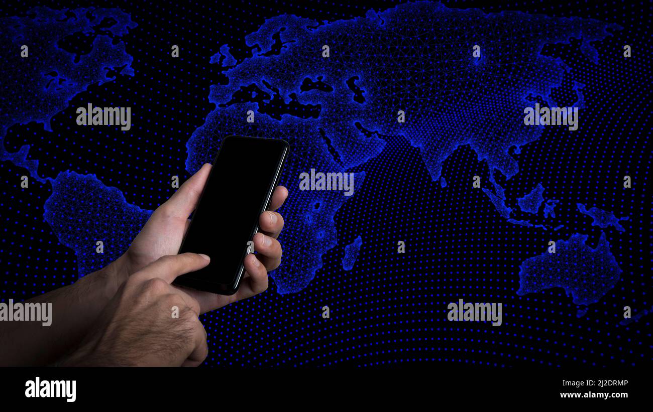 Hand with a phone on the background of 5g digital statistics, world map, analytics and big data. Business, income, cryptocurrency concept. High quality photo Stock Photo