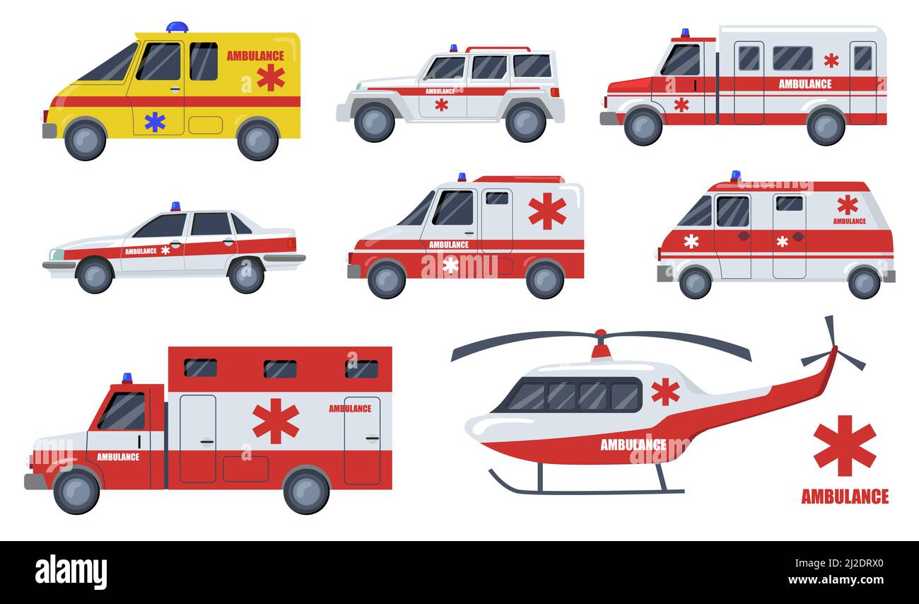 Medical care transport flat item set. Cartoon ambulance cars and vehicles design isolated vector illustration collection. Emergency, transportation, a Stock Vector