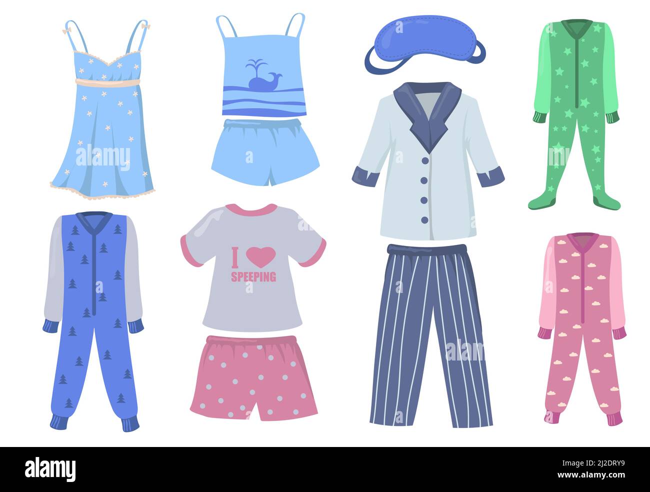Pajamas for kids and adults set. Shirts and pants or shorts, night wear ...
