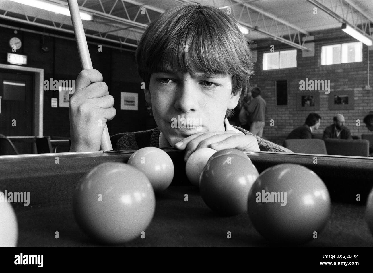16-year-old actor Adam Woodyatt, who plays Ian Beale in EastEnders, he is also the shows unbeatable pool fanatic. 25th April 1985. Stock Photo