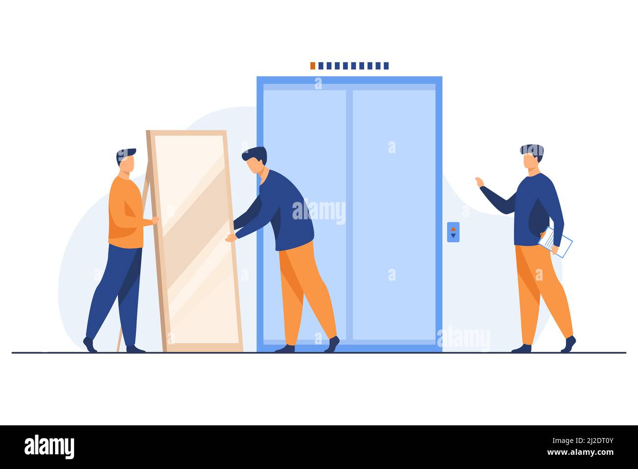 Male loaders carrying big mirror to elevator. Men with furniture in