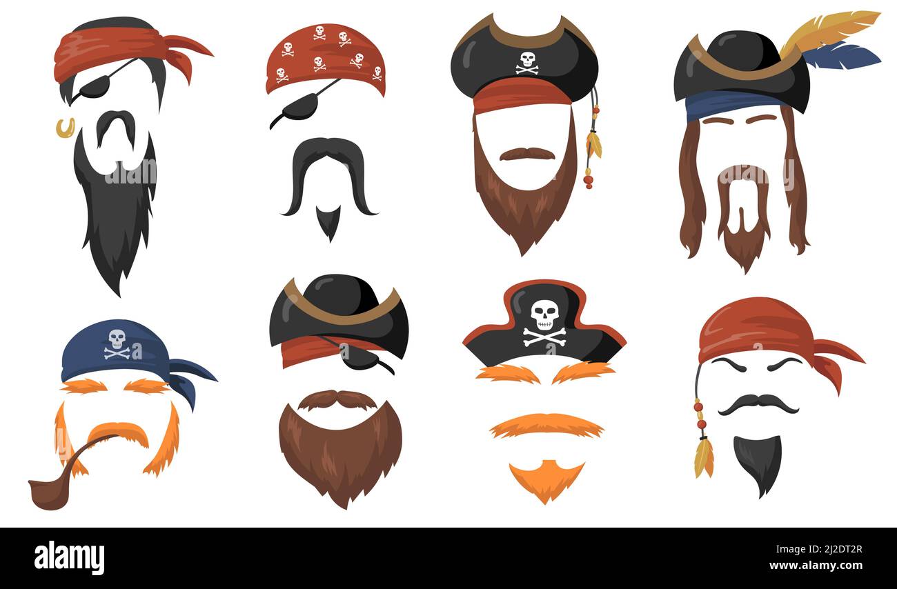 Pirate face masks for carnival flat item set. Cartoon sea pirates hats, journey bandana, beard and smoke pipe isolated vector illustration collection. Stock Vector