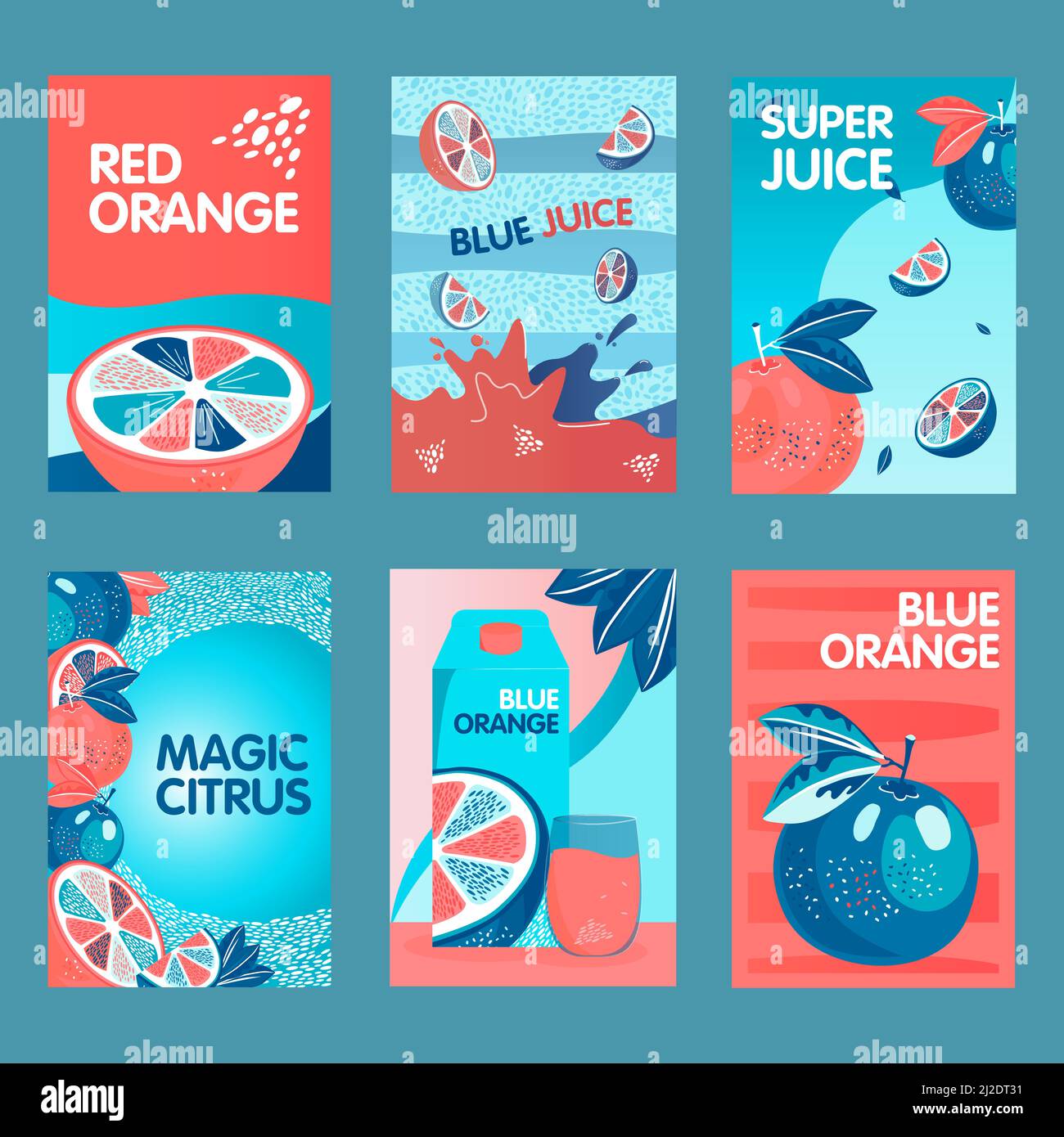 Red and blue orange posters set. Whole and cut fruits, splashes, citrus juice pack vector illustrations with text. Food and drink concept for packs or Stock Vector