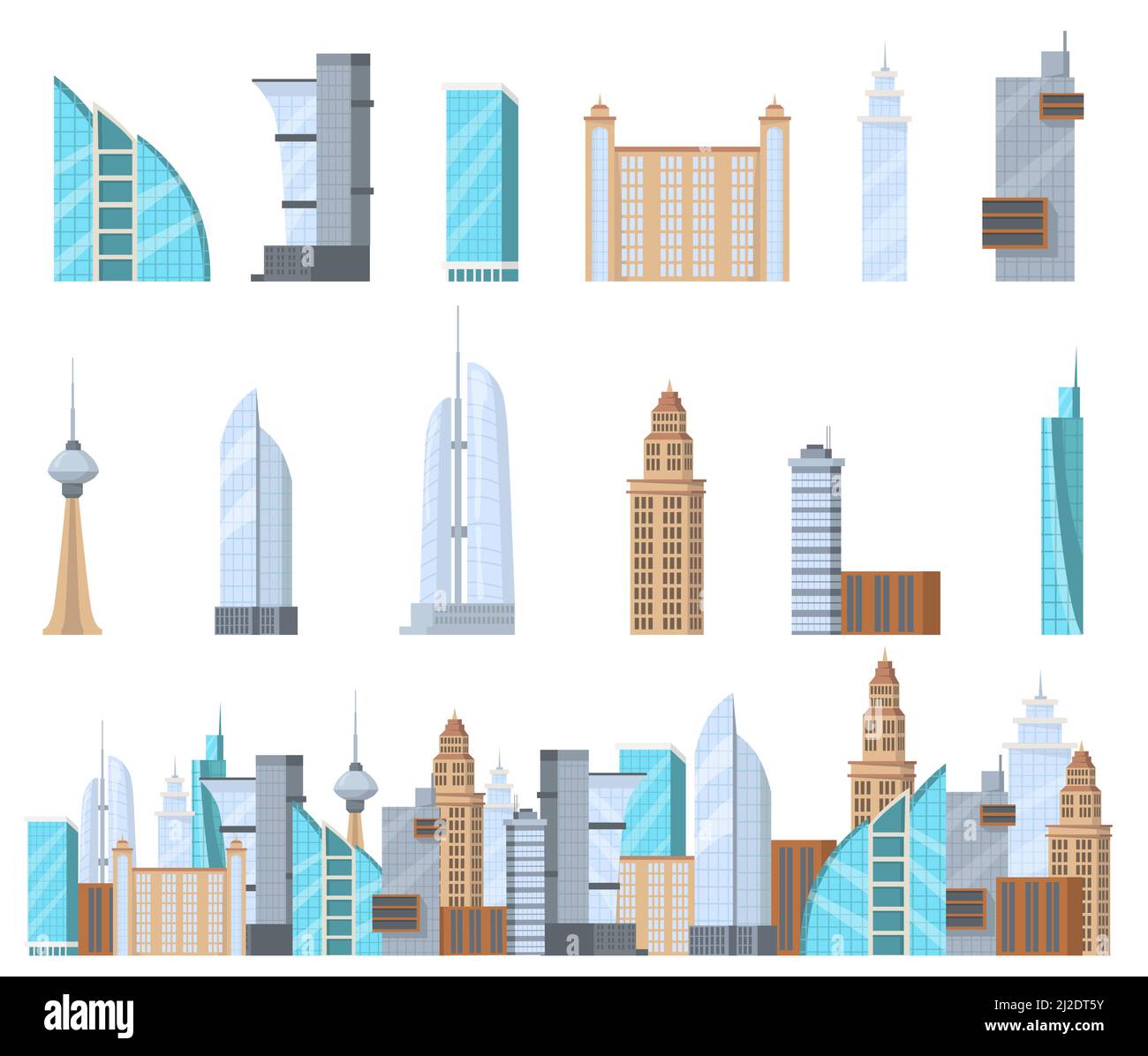 Modern commercial skyscrapers flat set for web design. Cartoon high-rise complex of city isolated vector illustration collection. building facade and Stock Vector
