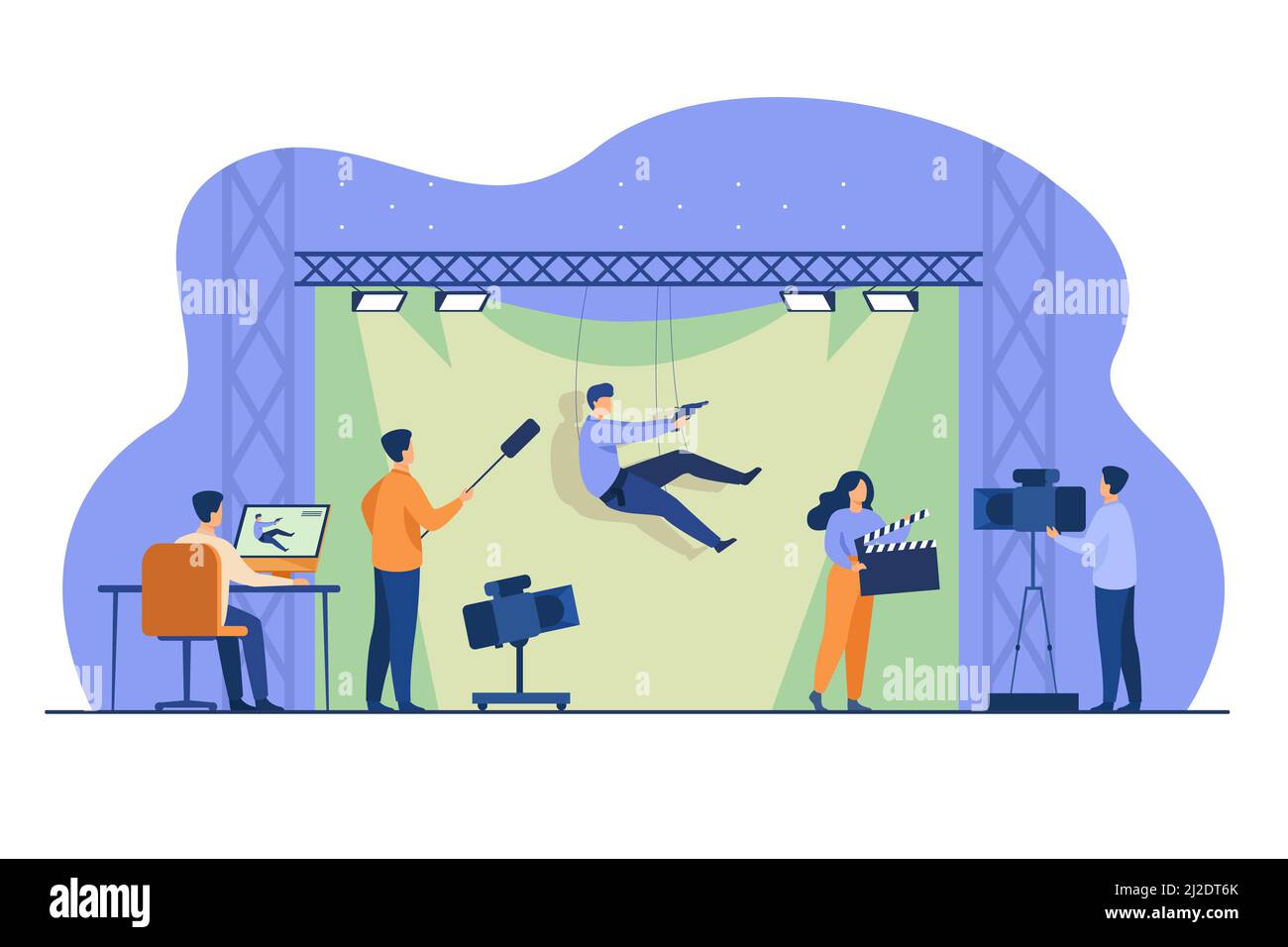 Shooting team filming action scene with stunt falling and holding gun against green backdrop. Vector illustration for cinema, moviemaking, casting, st Stock Vector