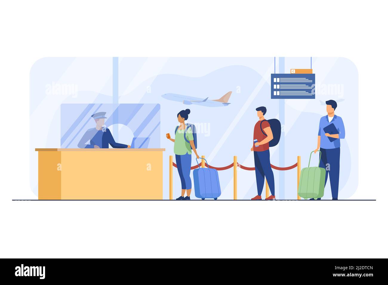 Travelers standing in queue for flight registration. Baggage, line, ticket flat vector illustration. Airlines and traveling concept for banner, websit Stock Vector