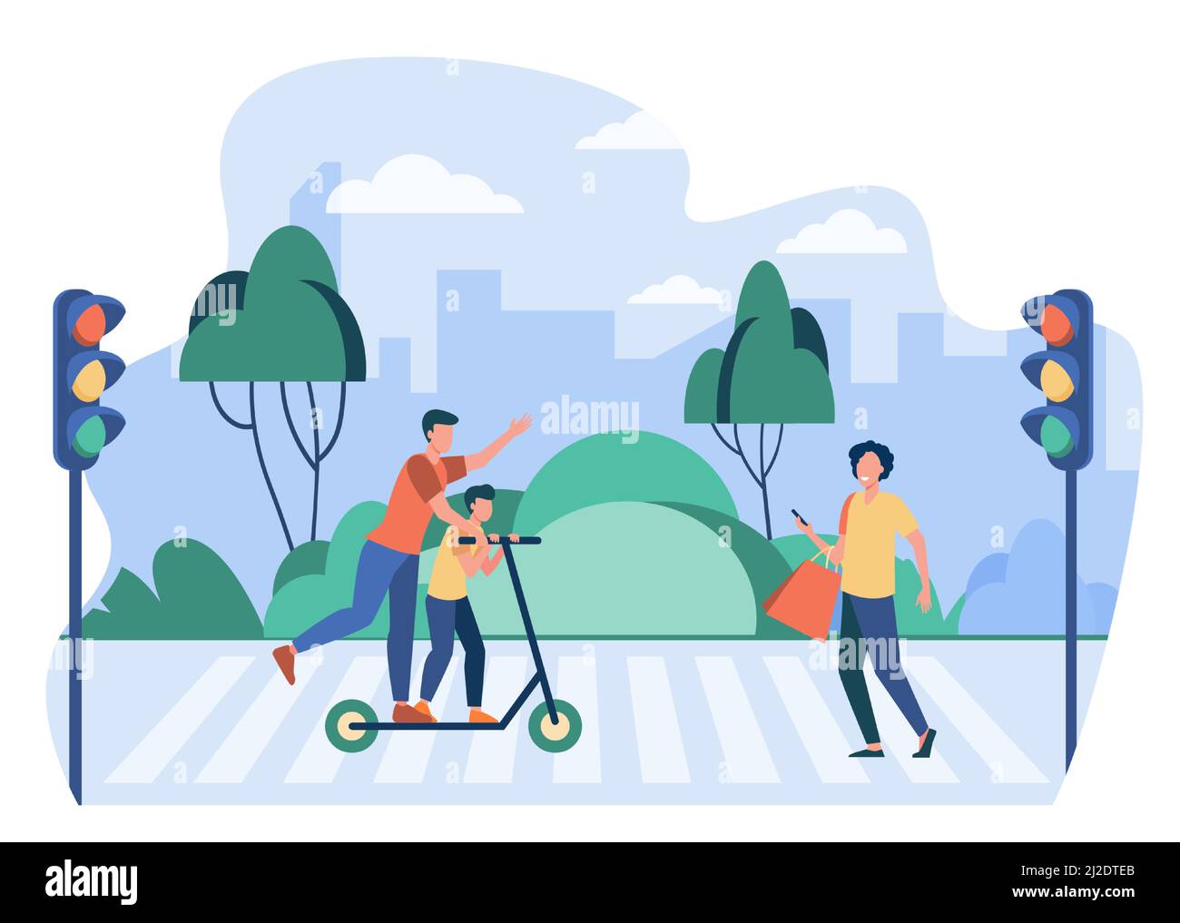 Pedestrians breaking traffic rules. People using cell, riding scooter on crosswalk flat vector illustration. Road safety, warning concept for banner, Stock Vector