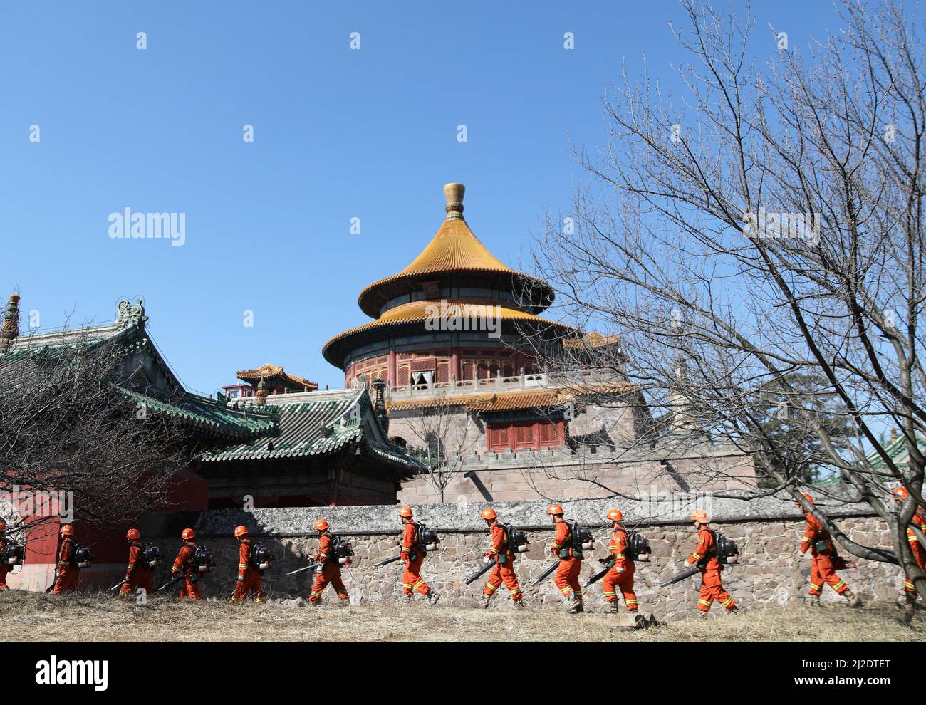 CHENGDE, CHINA - APRIL 1, 2022 - Firefighters inspect a mountain resort and its surrounding temple in Chengde City, North China's Hebei Province, Apri Stock Photo