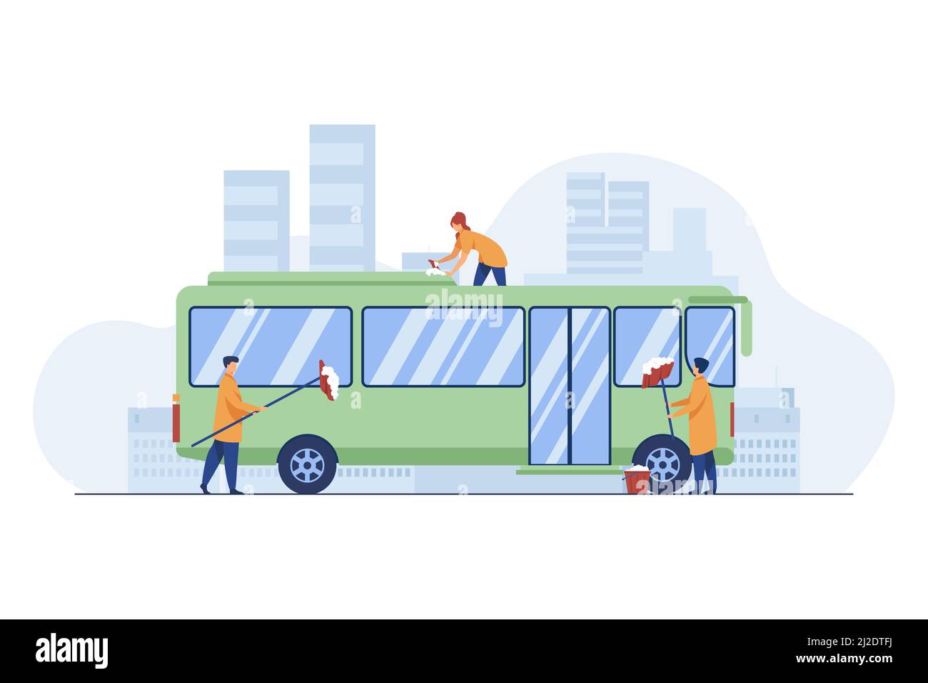 Workers cleaning and washing bus. Vehicle, detergent, work flat vector ...