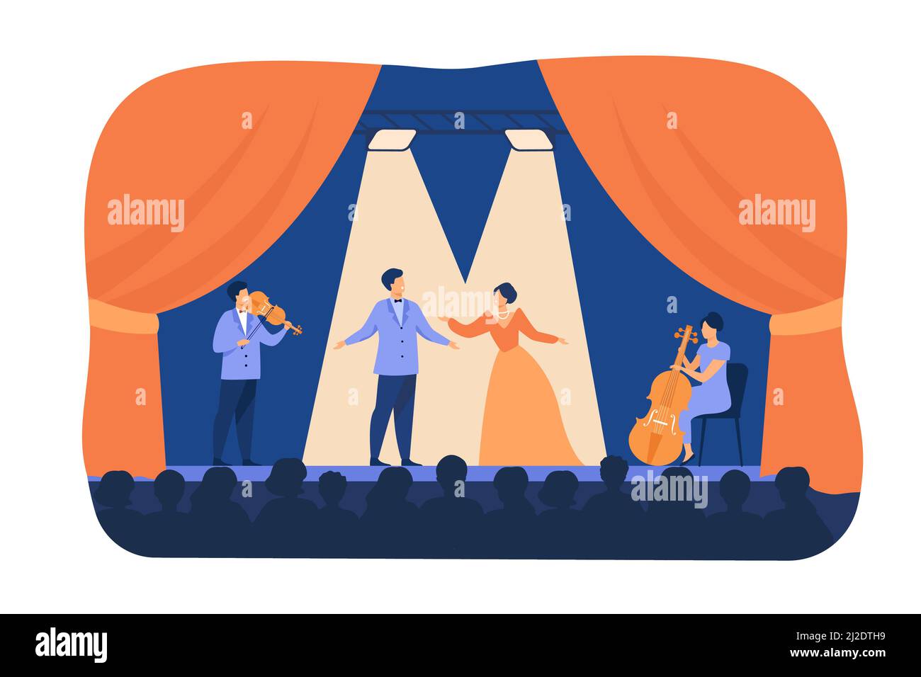 Opera singers playing on stage with musicians. Theatre performers wearing costumes, standing under spotlights and singing before audience. Flat cartoo Stock Vector