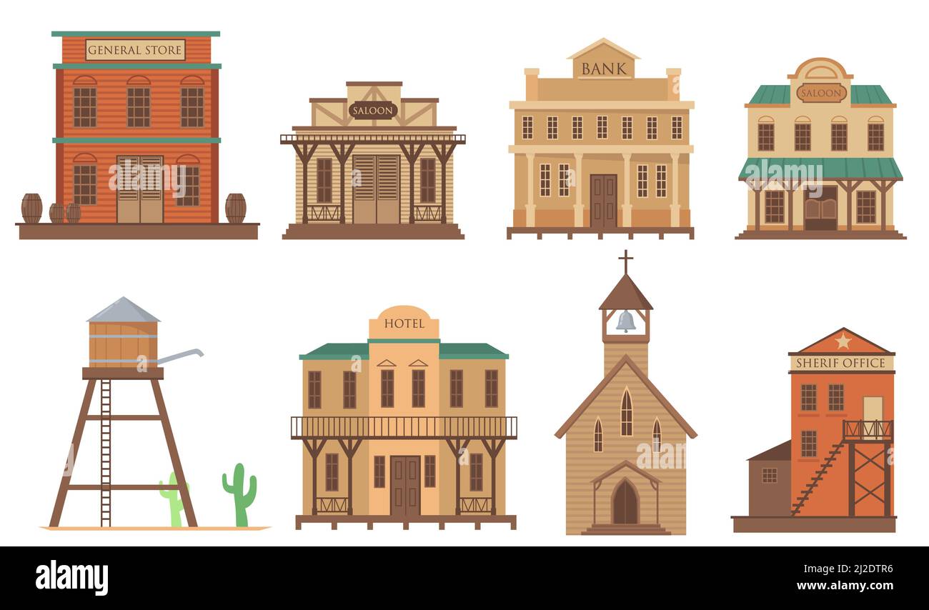 Variety of old houses for western town flat item set. Cartoon traditional wild west wooden buildings isolated vector illustration collection. Architec Stock Vector