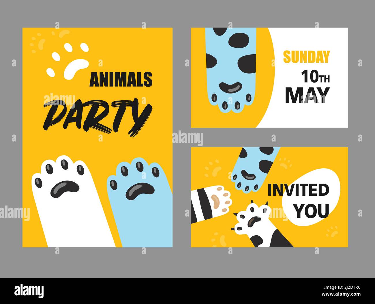 Animals party invitation cards set. Cat paws and claws vector illustrations with text and date on white and yellow background. Cafe, pet shop, shelter Stock Vector