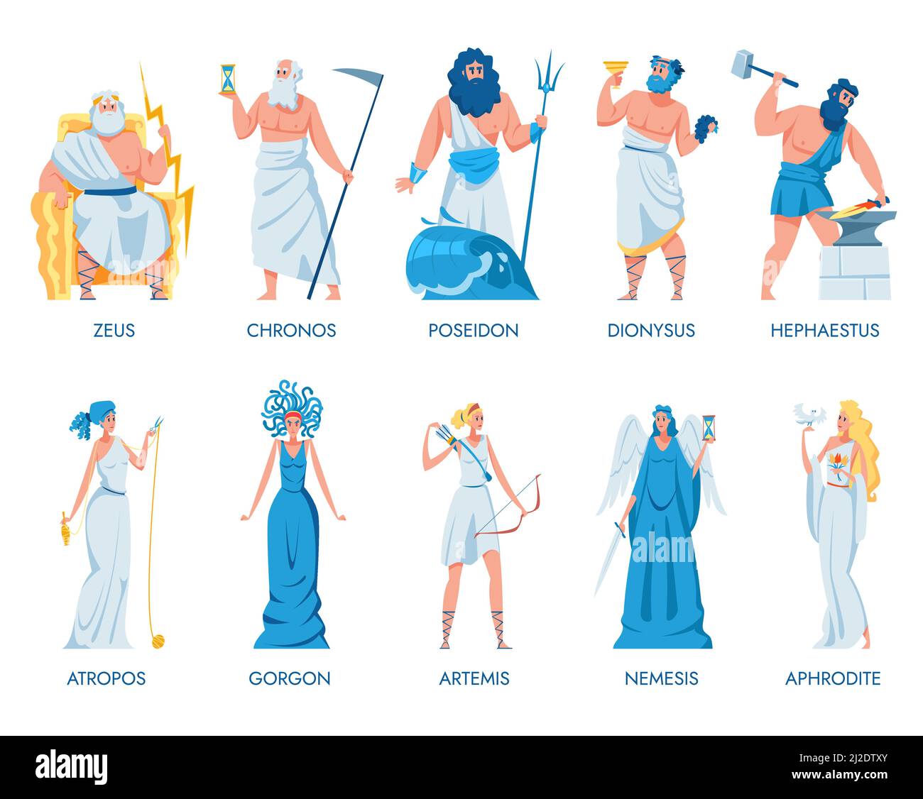 Ancient Greek gods and goddesses set. Zeus, Dionysus, Artemis, Hephaestus, Chronos, Atropos, Gorgon, Nemesis, Aphrodite, Poseidon. Vector illustration Stock Vector