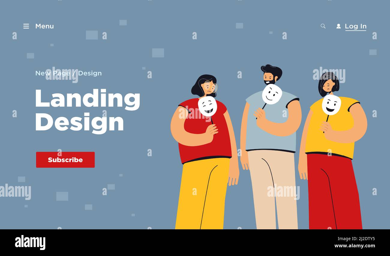Depressed and angry people holding masks with happy faces for hiding their emotions. Vector illustration for personality, psychology, depression conce Stock Vector