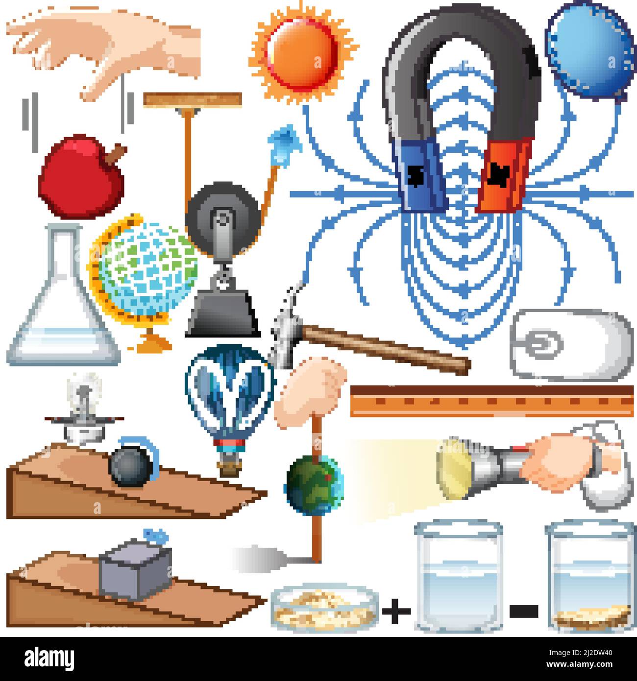 Different science equipments on white background illustration Stock Vector