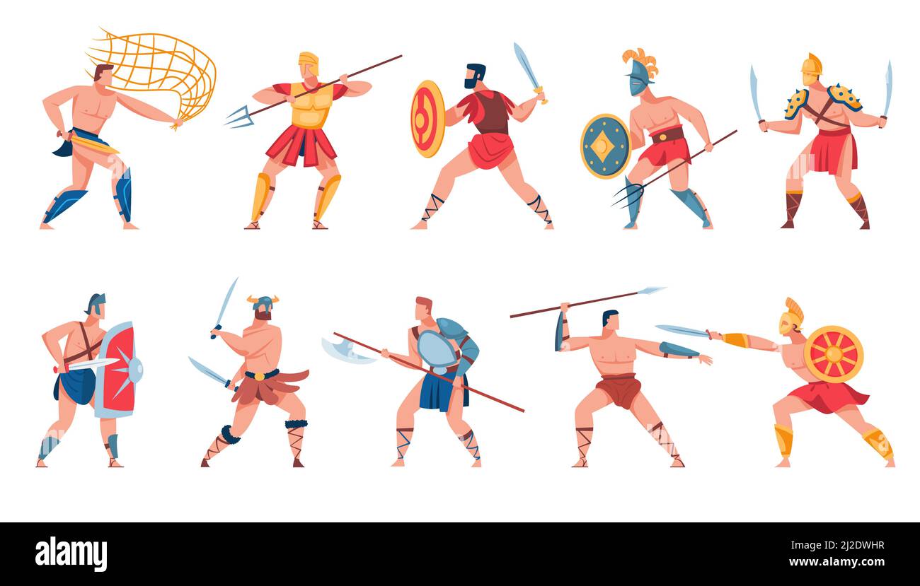 Ancient Roman soldiers set. Greek warriors, gladiators, mythology characters, Spartan soldiers with swords, shields, net, axes, spears. Vector illustr Stock Vector