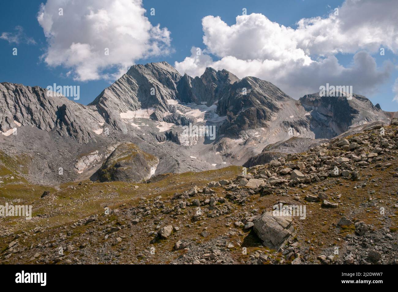 ‘Pointe de l’Echelle’ peak (3422 m) and ‘Pointes de la Partie’ peak (3299 m), Vanoise National Park, Pralognan-la-Vanoise, Savoie (73), Auvergne-Rhone Stock Photo