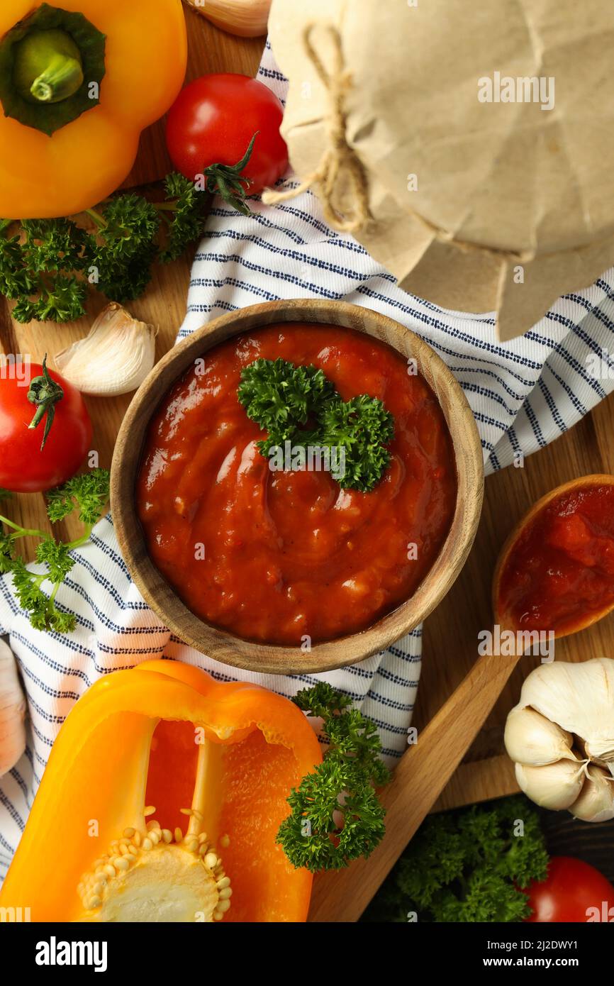 Concept of spicy sauce with Adjika, top view Stock Photo Alamy