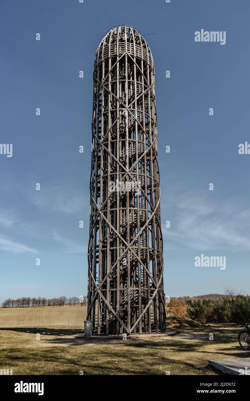 Wooden lookout tower near the Hermanice village,Czech Repulic.Atypical shape of a dome-topped cylinder.Modern architecture,watch tower Stock Photo