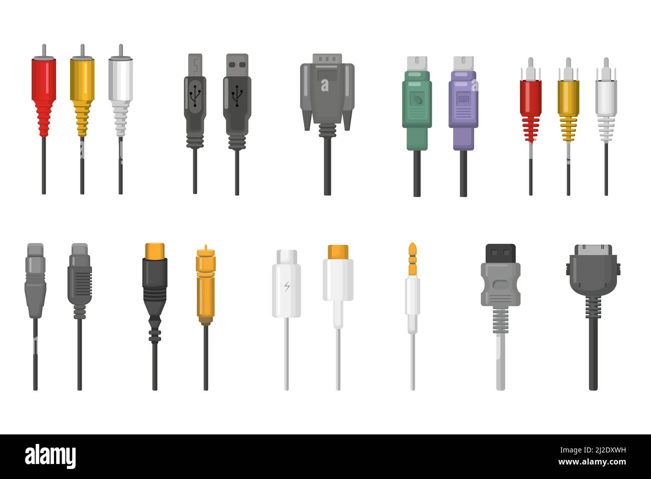 Cables and plug connectors set. Wire connections for ethernet, hdmi, vga, usb, video, audio ports. Vector illustration for cord network, compute, comm Stock Vector